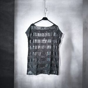 Vertigo Paris Silver Sequin Striped Short Sleeve Top